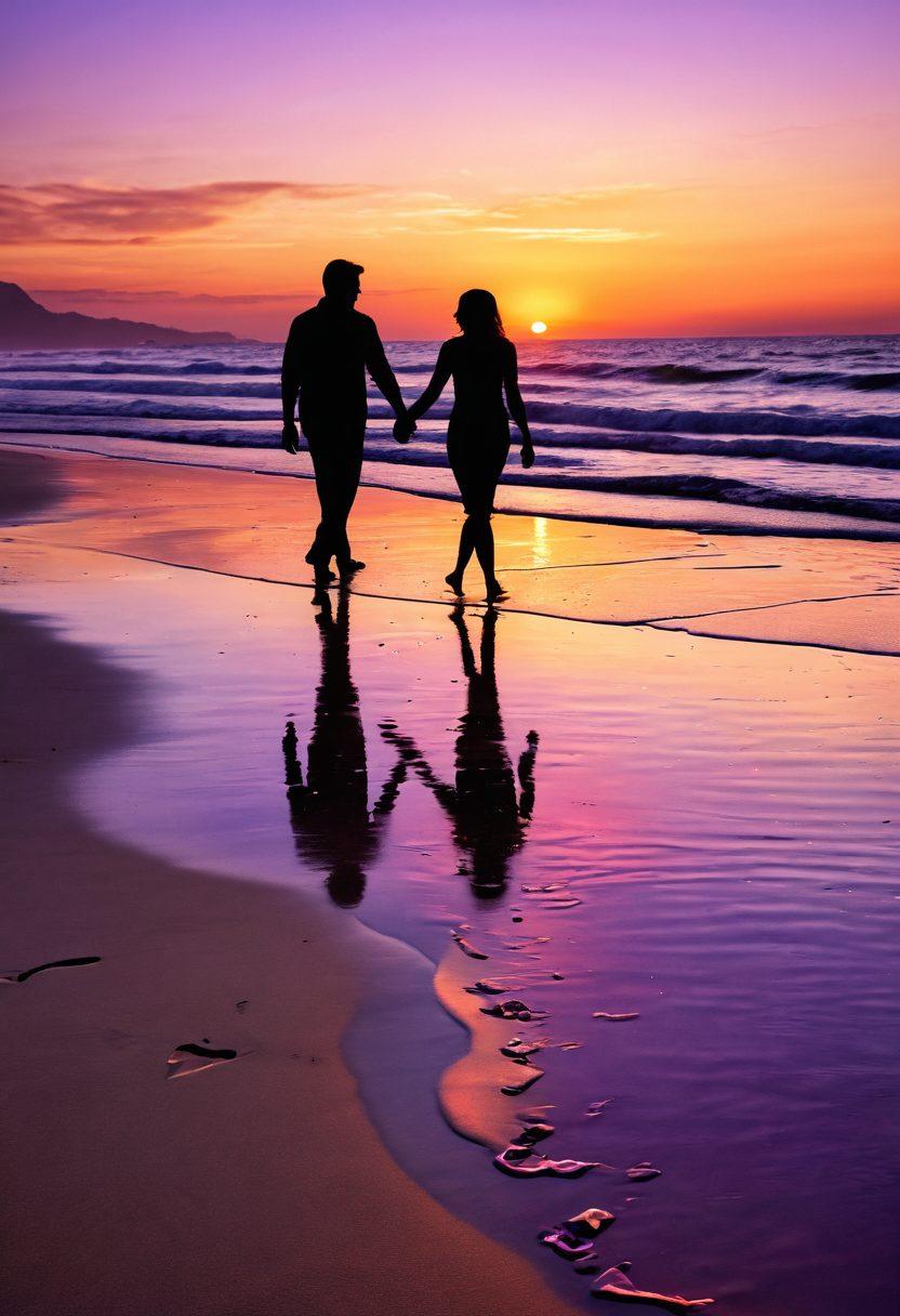 A serene sunset silhouette of a couple holding hands, walking along a beach with footprints in the sand, soft waves lapping at their feet, and hearts subtly reflected in the water. The sky is filled with vibrant hues of orange, pink, and purple, symbolizing love and connection. Dreamy and romantic atmosphere with a touch of whimsy. super-realistic. vibrant colors. 3D.