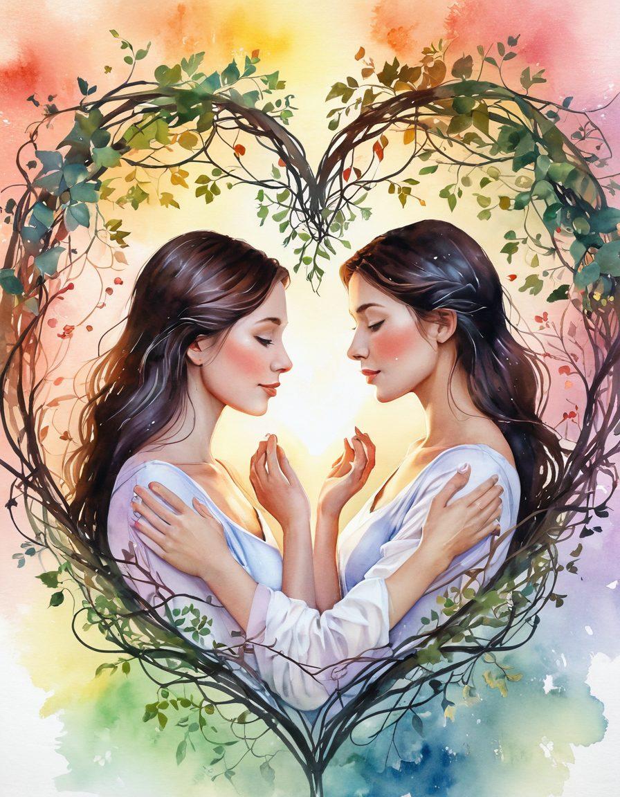 A warm, glowing heart at the center surrounded by intertwining vines symbolizing connection, with soft pastel colors creating a romantic ambiance. Include silhouettes of diverse couples sharing intimate moments and gentle sparks of light floating around them, evoking a sense of passion and affection. The background should be softly blurred to enhance the focus on the heart and couples. watercolor painting. soft pastel colors.