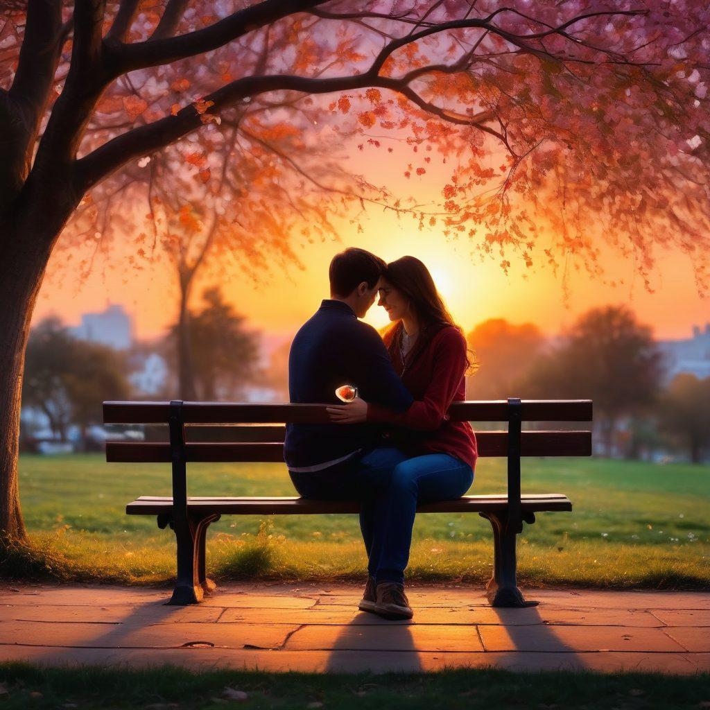 A tender scene illustrating a couple sitting on a park bench, sharing a heartfelt conversation under the soft glow of sunset. Surround them with symbols of emotional connection, like glowing hearts and intertwined vines. Capture the warmth and intimacy of their expressions, highlighting trust and understanding in their eyes. Use vibrant colors to evoke emotions, with a soft focus background of blooming flowers. painting. vibrant colors.